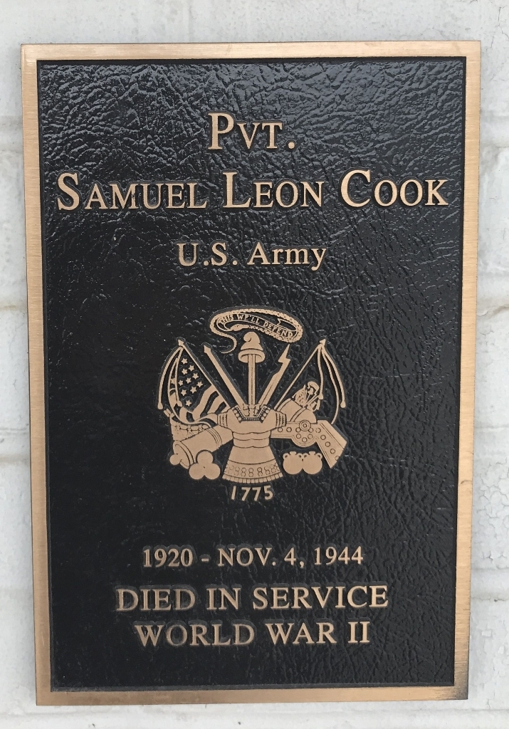 PVT. SAMUEL LEON COOK WAR MEMORIAL PLAQUE