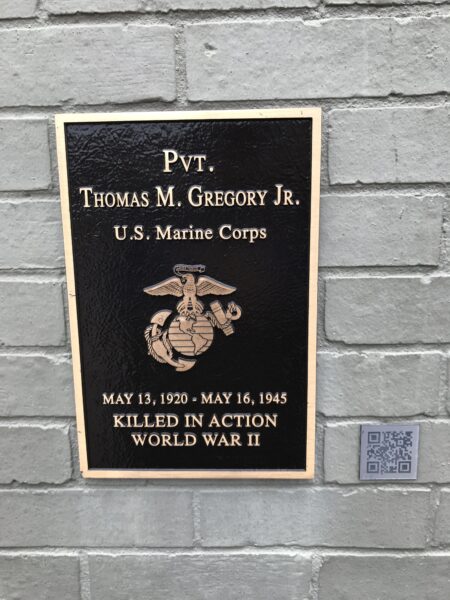 PVT. THOMAS M. GREGORY, JR. WAR MEMORIAL PLAQUE
