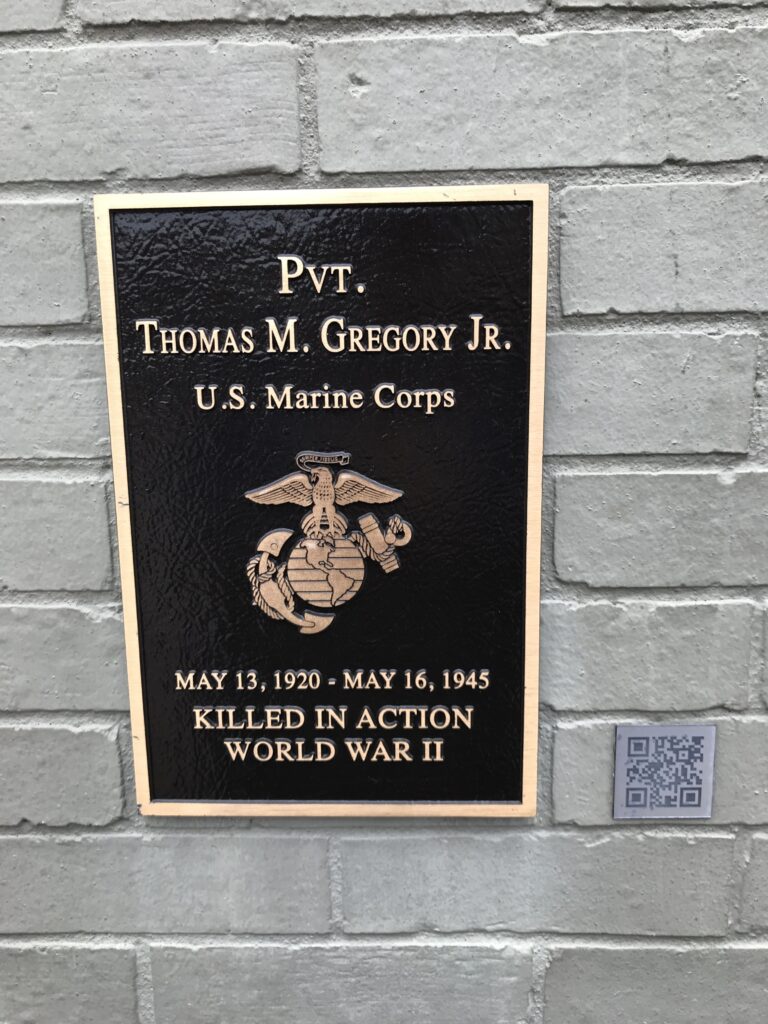 PVT. THOMAS M. GREGORY, JR. WAR MEMORIAL PLAQUE