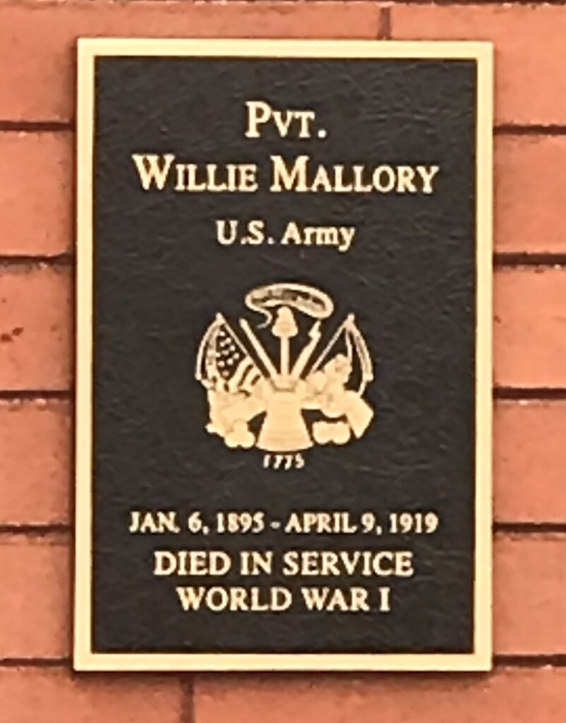 PVT. WILLIE MALLORY WAR MEMORIAL PLAQUE