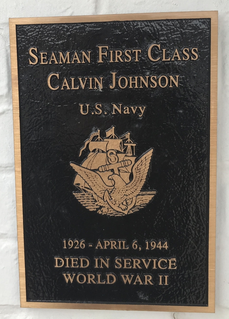 SEAMAN FIRST CLASS CALVIN JOHNSON WAR MEMORIAL PLAQUE