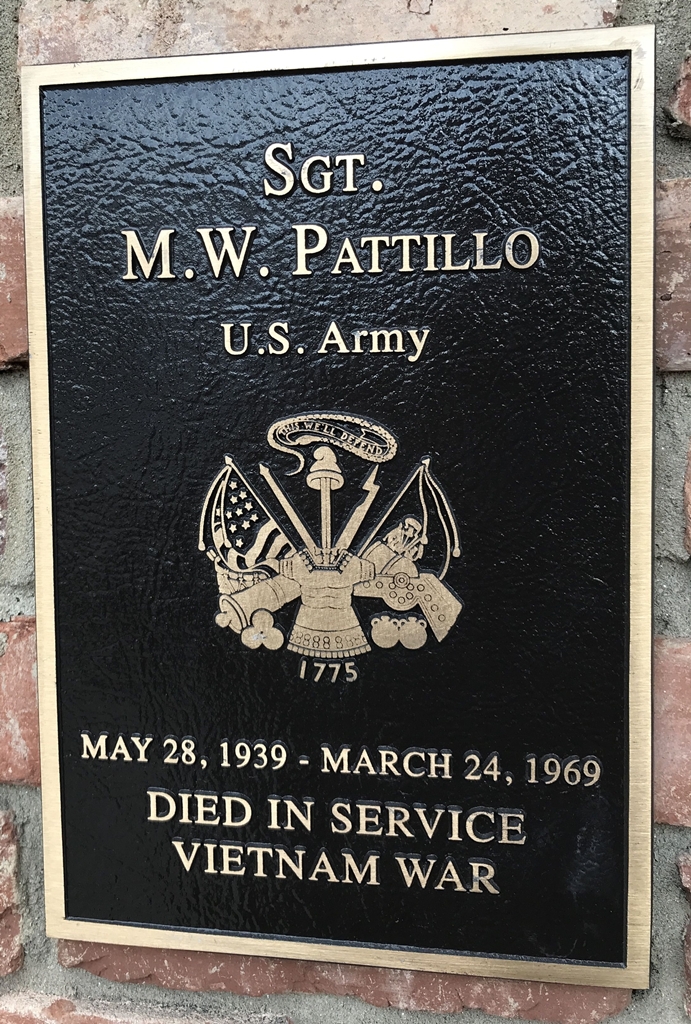 SGT. M.W. PATTILLO WAR MEMORIAL PLAQUE