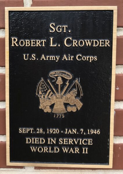 SGT. ROBERT L. CROWDER WAR MEMORIAL PLAQUE