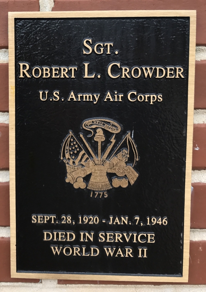 SGT. ROBERT L. CROWDER WAR MEMORIAL PLAQUE