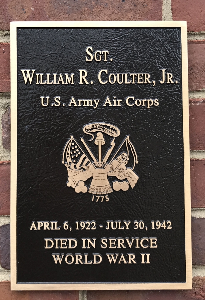 SGT. WILLIAM R. COULTER, JR. WAR MEMORIAL PLAQUE