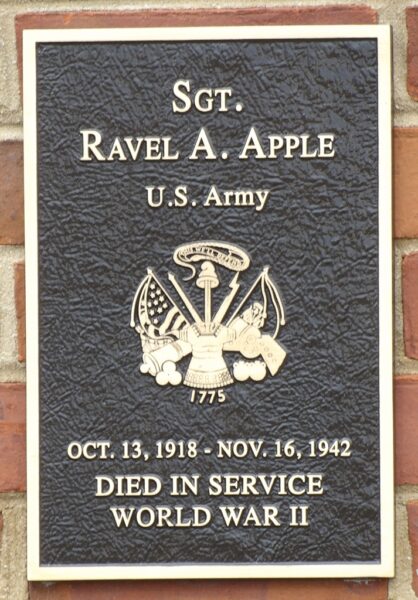 SGT. RAVEL A. APPLE WAR MEMORIAL PLAQUE
