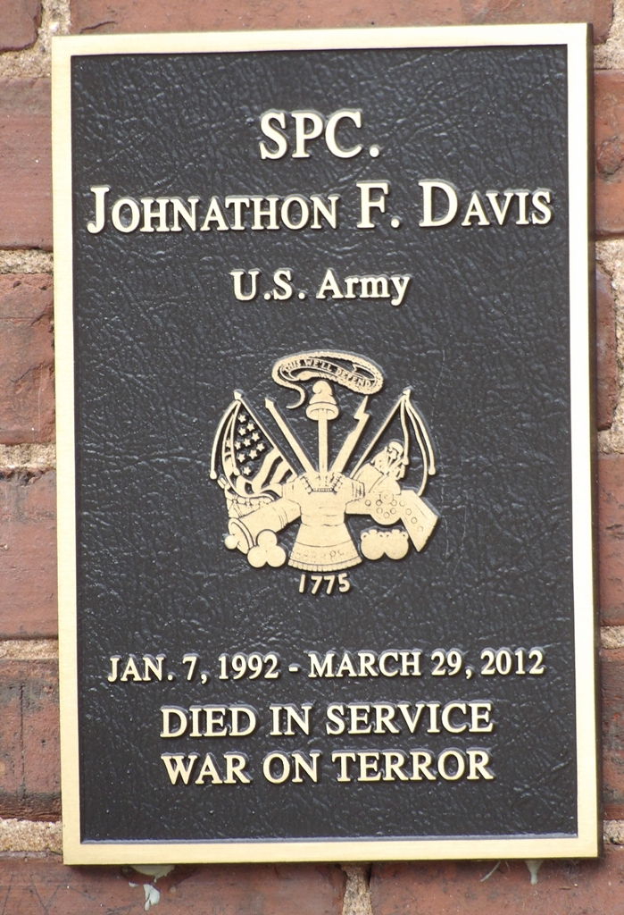 SPC. JOHNATHAN F. DAVIS WAR MEMORIAL PLAQUE