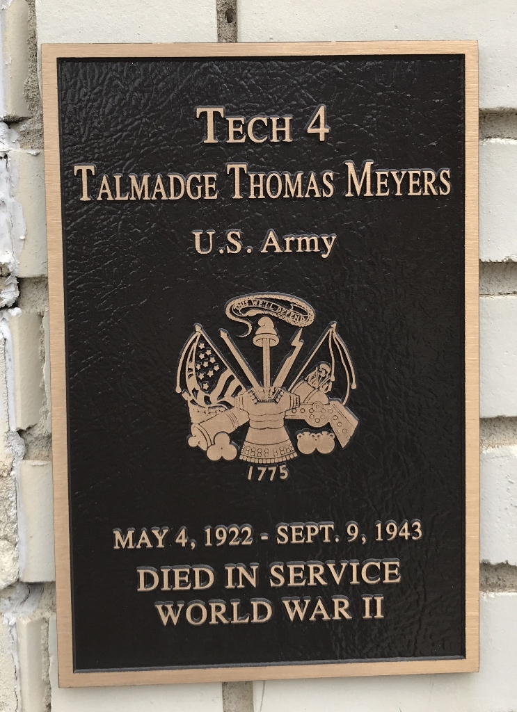 TECH 4 TALMADGE THOMAS MEYERS WAR MEMORIAL PLAQUE