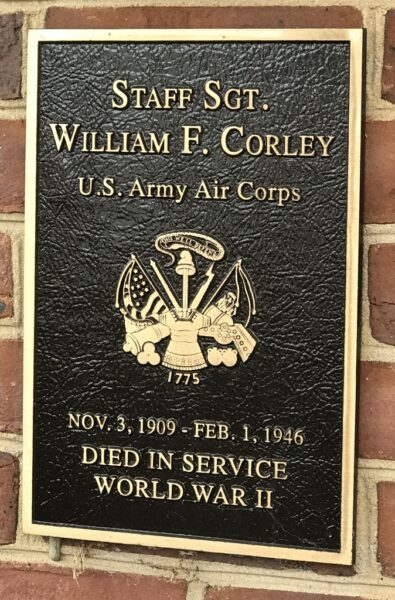 STAFF SGT. WILLIAM F. CORLEY WAR MEMORIAL PLAQUE