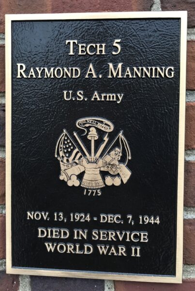 TECH 5 RAYMOND A. MANNING WAR MEMORIAL PLAQUE