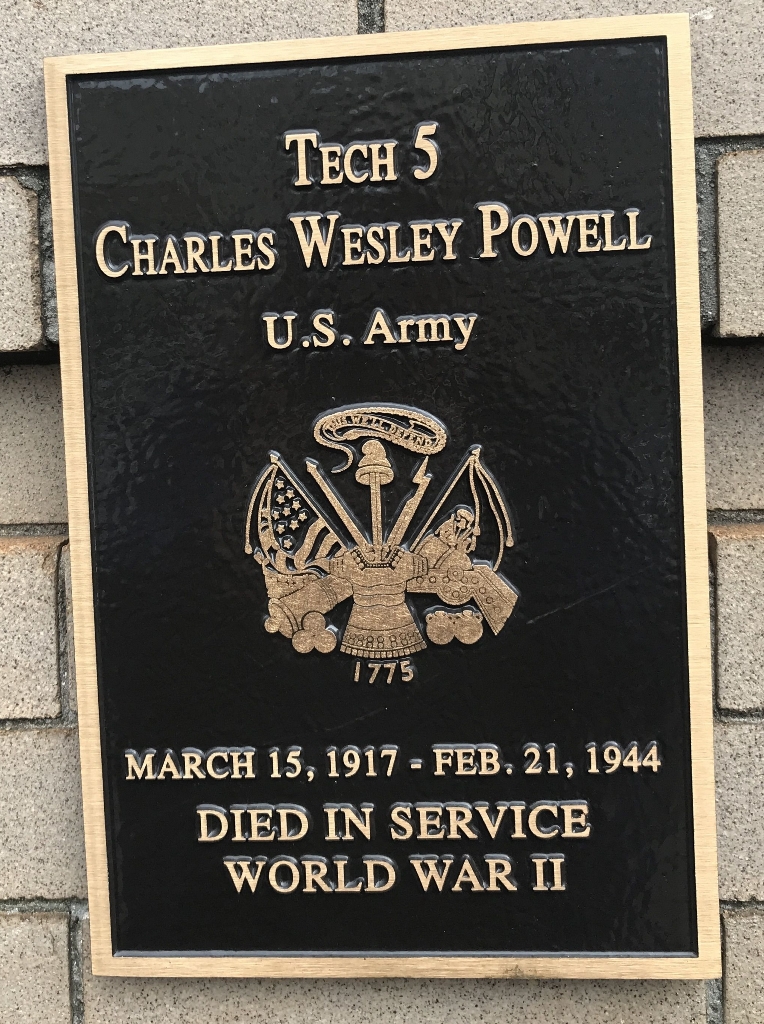 TECH 5 CHARLES WESLEY POWELL WAR MEMORIAL PLAQUE