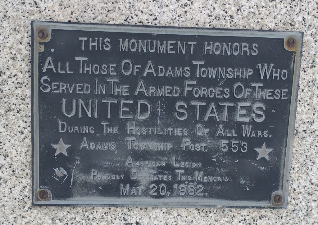ADAMS TOWNSHIP ALL WARS VETERANS MEMORIAL PLAQUE