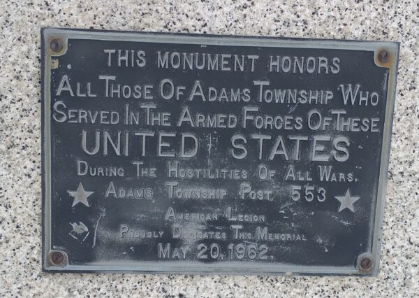 ADAMS TOWNSHIP ALL WARS VETERANS MEMORIAL PLAQUE