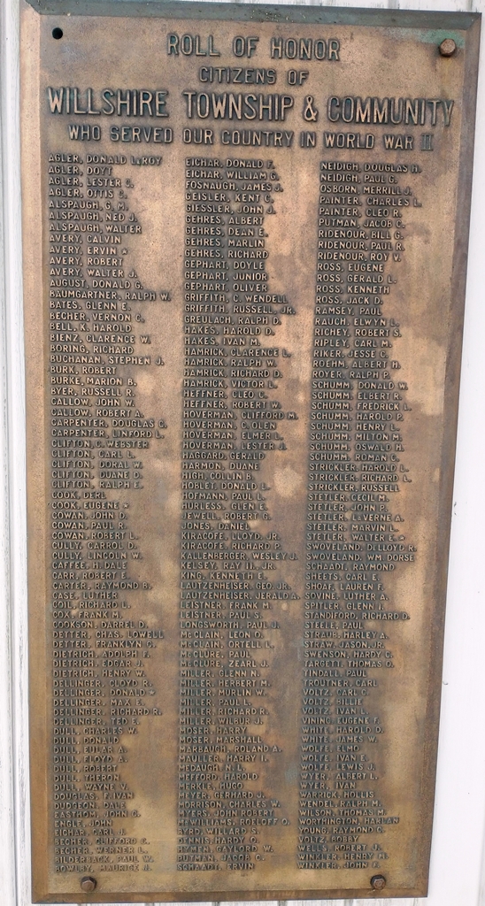 CITIZENS OF WILLSHIRE TOWNSHIP WORLD WAR II MEMORIAL PLAQUE