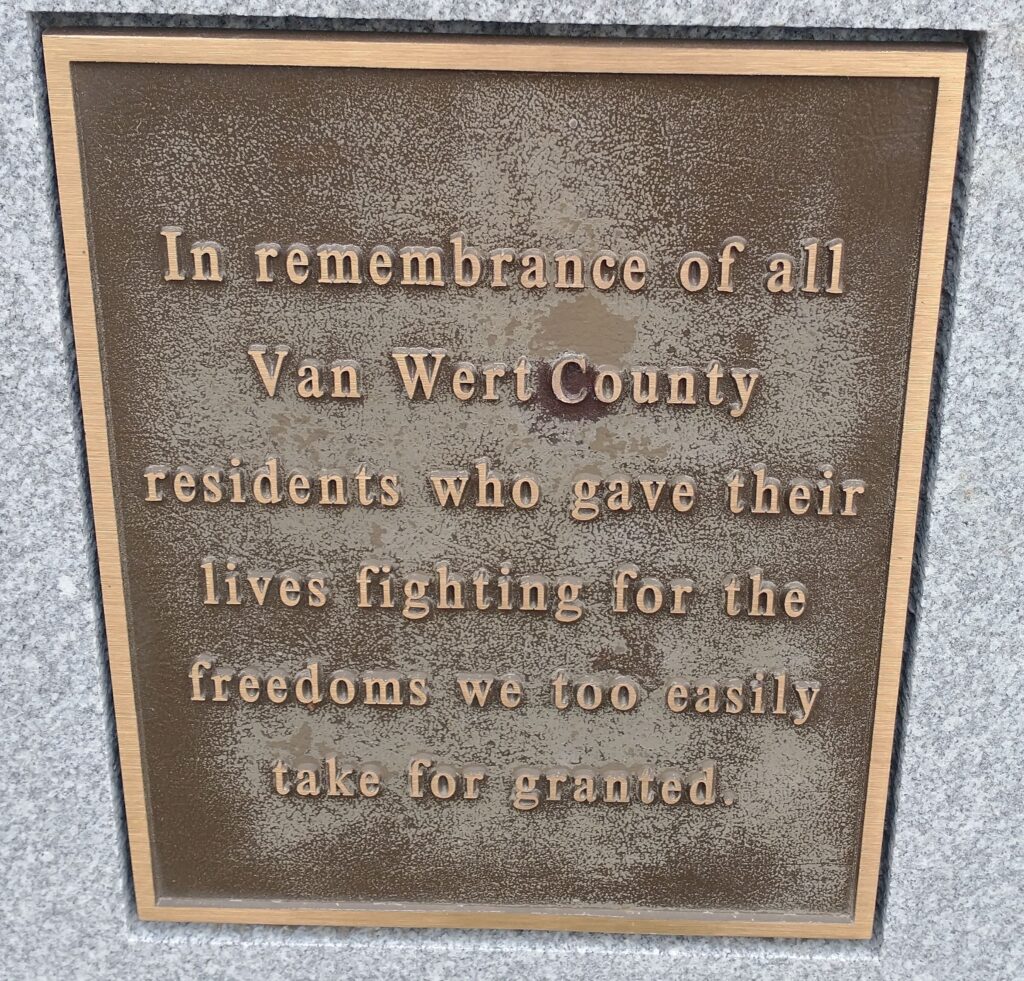VAN WERT COUNTY VETERANS MEMORIAL BATTLEFIELD CROSS PLAQUE