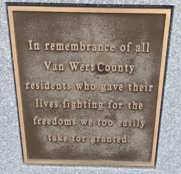 VAN WERT COUNTY VETERANS MEMORIAL BATTLEFIELD CROSS PLAQUE