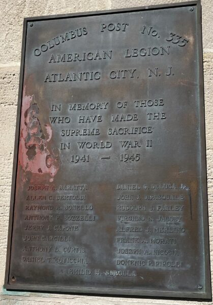 ATLANTIC CITY SUPREME SACRIFICE WORLD WAR II MEMORIAL PLAQUE