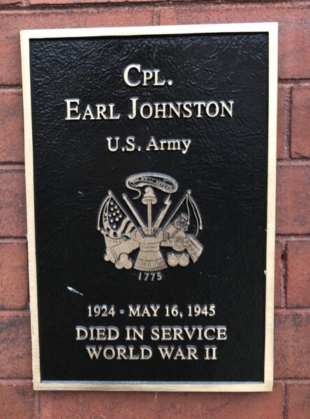 CPL. EARL JOHNSTON WAR MEMORIAL PLAQUE