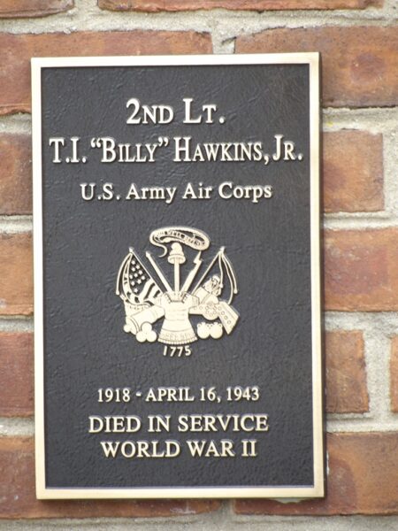 2ND LT. T.I. “BILLY” HAWKINS, JR. WAR MEMORIAL PLAQUE
