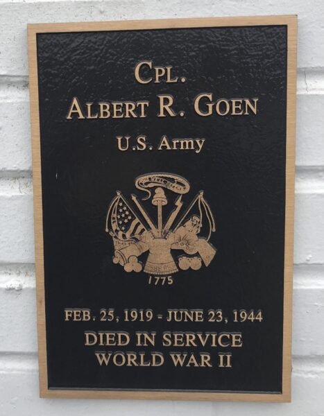 CPL. ALBERT R. GOEN WAR MEMORIAL PLAQUE