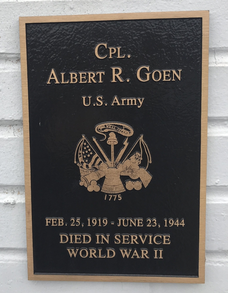 CPL. ALBERT R. GOEN WAR MEMORIAL PLAQUE