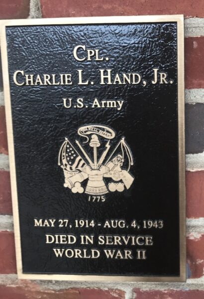 CPL. CHARLIE L. HAND, JR. WAR MEMORIAL PLAQUE