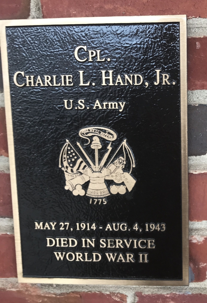 CPL. CHARLIE L. HAND, JR. WAR MEMORIAL PLAQUE