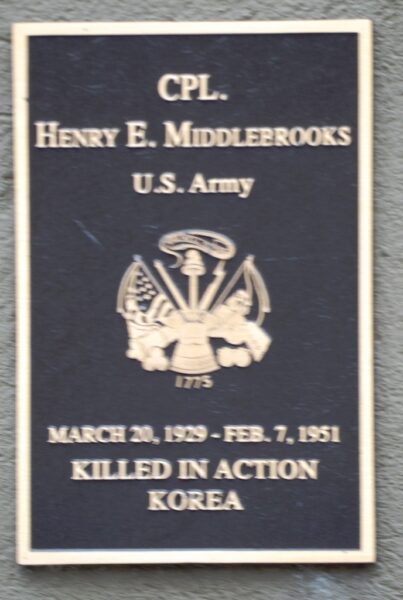 CPL. HENRY E. MIDDLEBROOKS WAR MEMORIAL PLAQUE