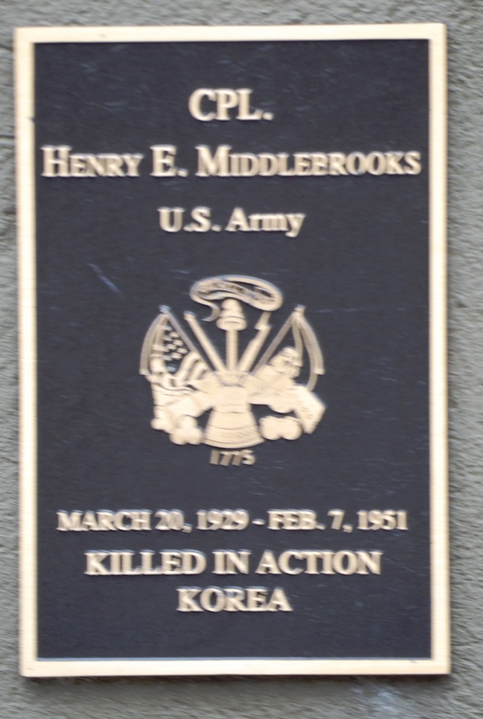 CPL. HENRY E. MIDDLEBROOKS WAR MEMORIAL PLAQUE