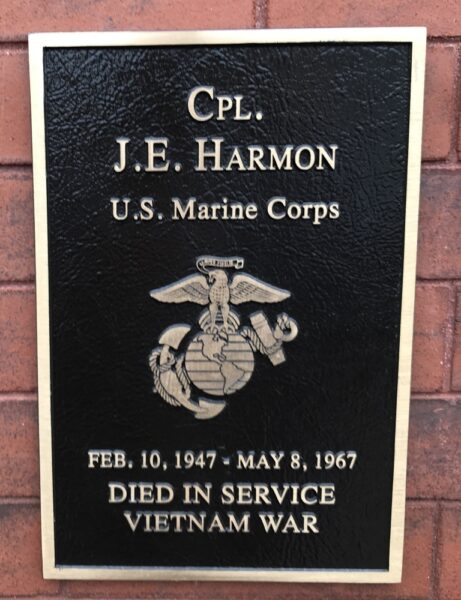 CPL. J.E. HARMON WAR MEMORIAL PLAQUE