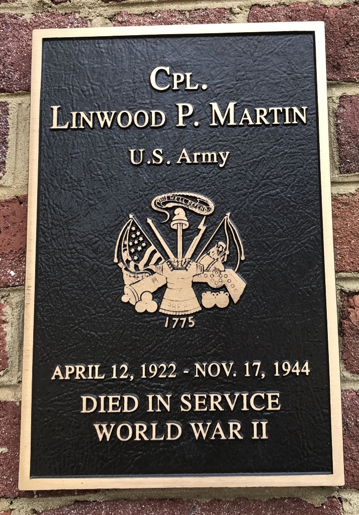 CPL. LINWOOD P. MARTIN WAR MEMORIAL PLAQUE