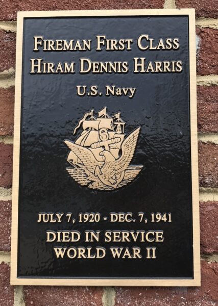 FIREMAN FIRST CLASS HIRAM DENNIS HARRIS WAR MEMORIAL PLAQUE