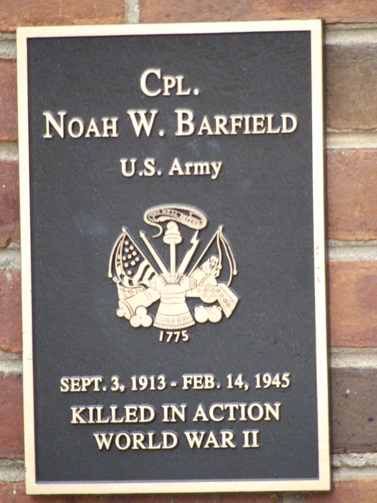 CPL. NOAH W. BARFIELD WAR MEMORIAL PLAQUE