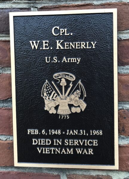 CPL. W.E. KENERLY WAR MEMORIAL PLAQUE