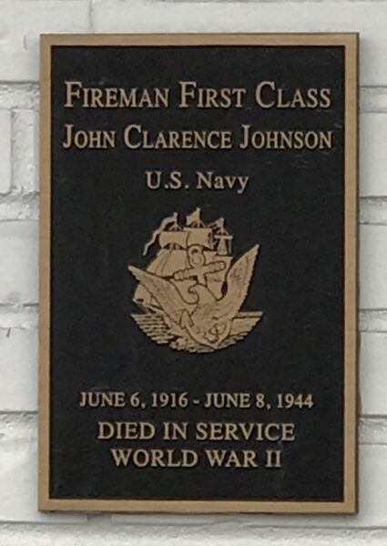 FIREMAN FIRST CLASS JOHN CLARENCE JOHNSON WAR MEMORIAL PLAQUE