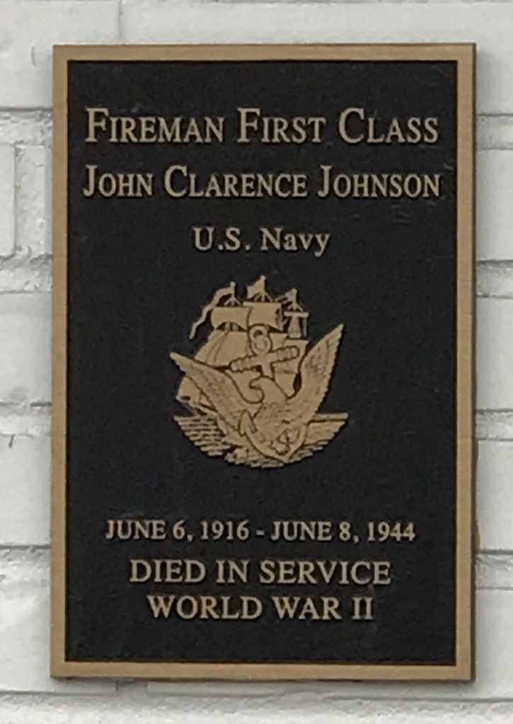 FIREMAN FIRST CLASS JOHN CLARENCE JOHNSON WAR MEMORIAL PLAQUE