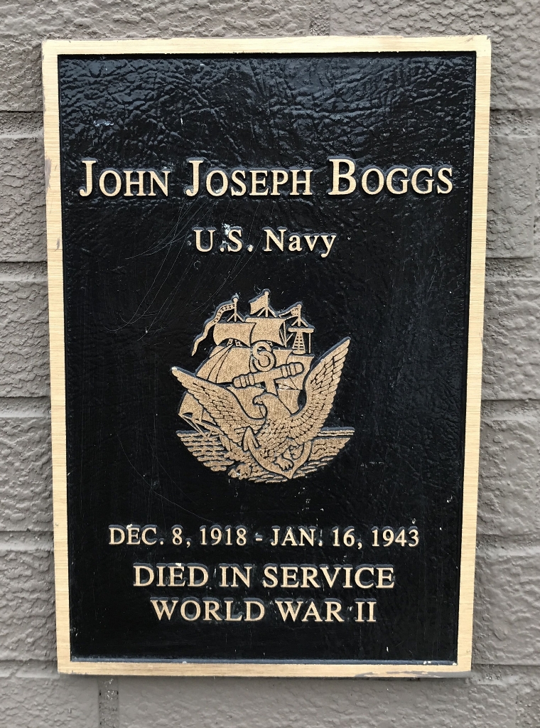 JOHN JOSEPH BOGGS WAR MEMORIAL PLAQUE