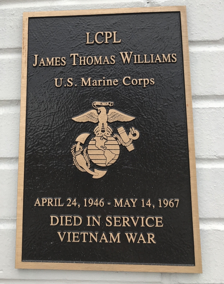LCPL JAMES THOMAS WILLIAMS WAR MEMORIAL PLAQUE