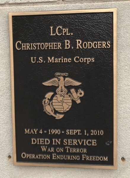 LCPL. CHRISTOPHER B. RODGERS WAR MEMORIAL PLAQUE