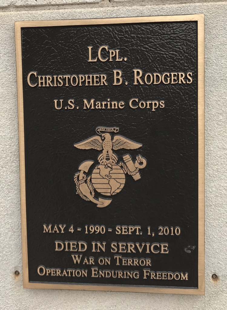 LCPL. CHRISTOPHER B. RODGERS WAR MEMORIAL PLAQUE