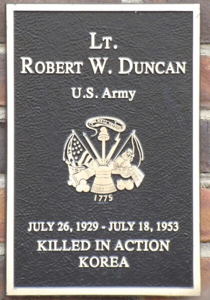 LT. ROBERT W. DUNCAN WAR MEMORIAL PLAQUE