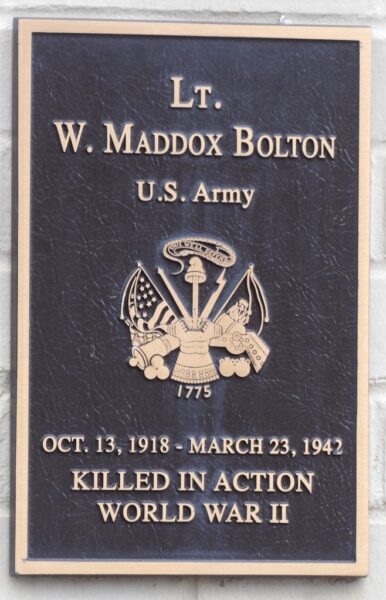 LT. W. MADDOX BOLTON WAR MEMORIAL PLAQUE