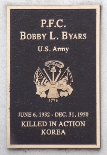 P.F.C. BOBBY L. BYARS WAR MEMORIAL PLAQUE
