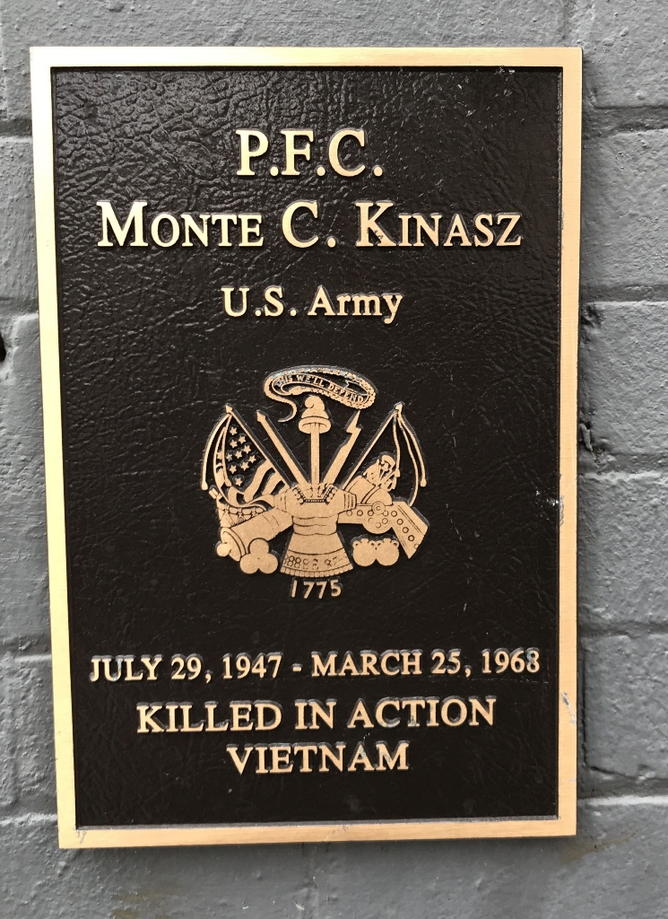 P.F.C. MONTE C. KINASZ WAR MEMORIAL PLAQUE