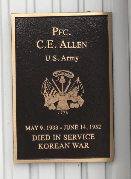 PFC. C.E. ALLEN WAR MEMORIAL PLAQUE