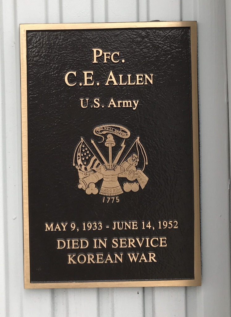 PFC. C.E. ALLEN WAR MEMORIAL PLAQUE