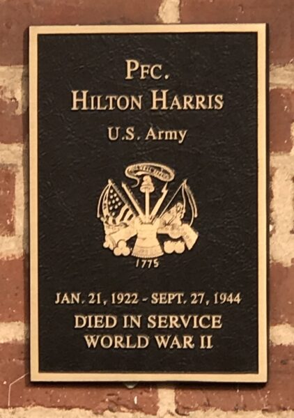 PFC. HILTON HARRIS WAR MEMORIAL PLAQUE