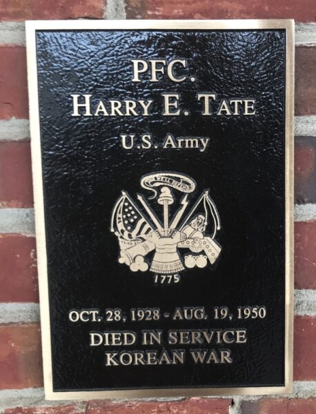 PFC. HARRY E. TATE WAR MEMORIAL PLAQUE
