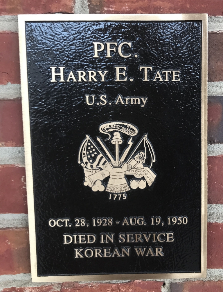 PFC. HARRY E. TATE WAR MEMORIAL PLAQUE