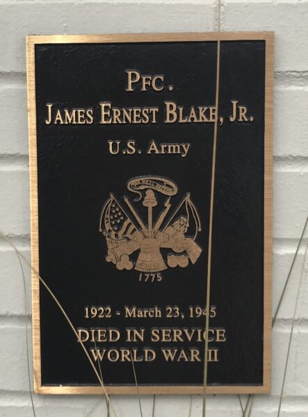 PFC. JAMES ERNEST BLAKE, JR. WAR MEMORIAL PLAQUE